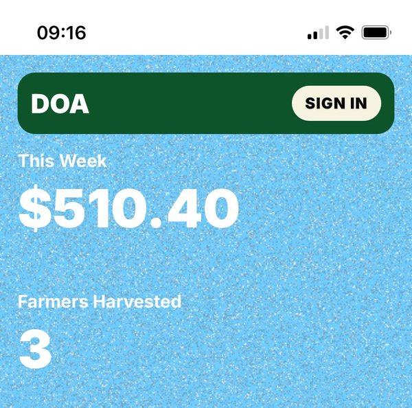 DOA app showing $510.40 harvested by 3 farmers on March 6, 2026